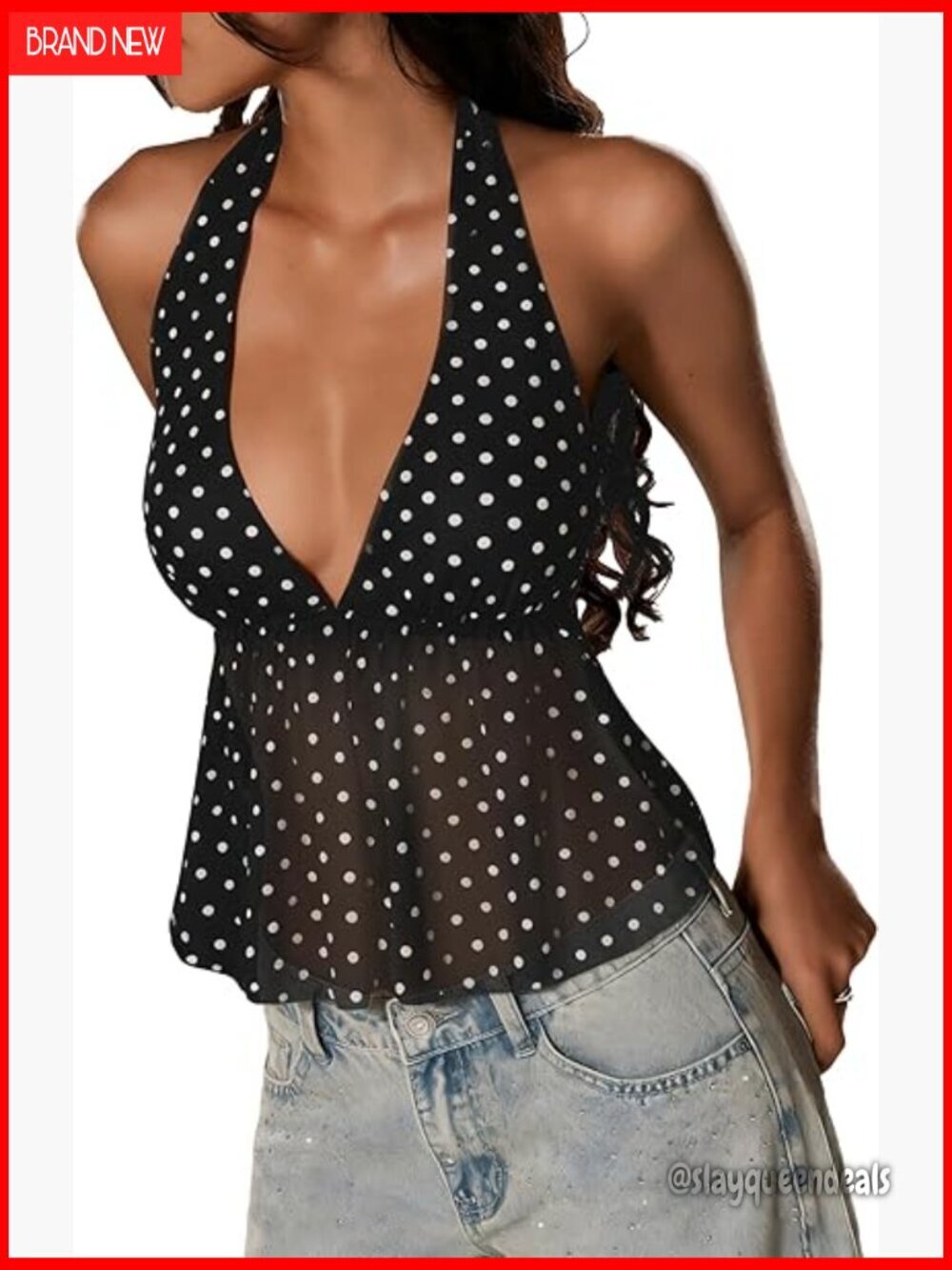 Mesh Halter Crop Top with Polka Dots, Ruffle Hem, Backless Tie